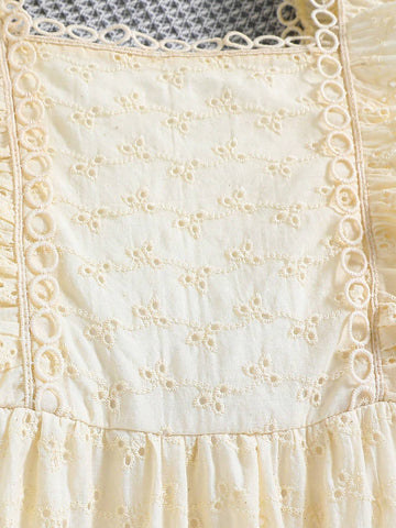 Young Girl's Solid Color Hollow Out Embroidered Ruffle Trim Sleeveless Dress