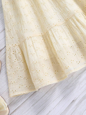 Young Girl's Solid Color Hollow Out Embroidered Ruffle Trim Sleeveless Dress