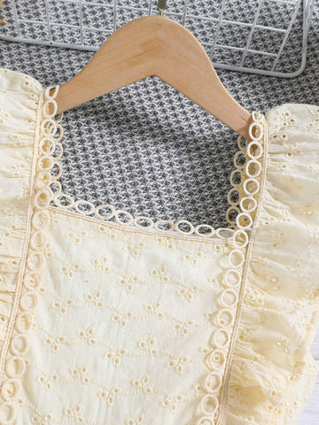 Young Girl's Solid Color Hollow Out Embroidered Ruffle Trim Sleeveless Dress