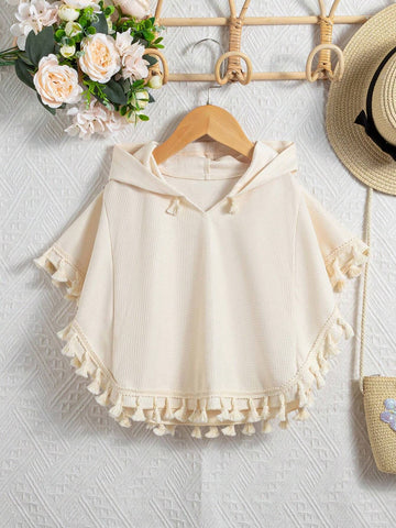 Young Girls' Solid Color Hooded Shirt With Tassel Decoration