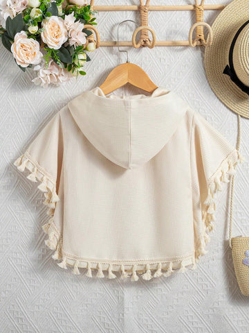 Young Girls' Solid Color Hooded Shirt With Tassel Decoration