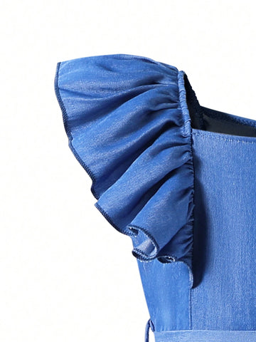 Young Girls Solid Color Jumpsuit With Simple And Delicate Lace Cuff Decoration