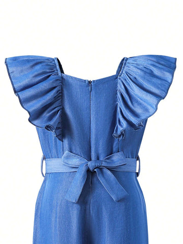 Young Girls Solid Color Jumpsuit With Simple And Delicate Lace Cuff Decoration