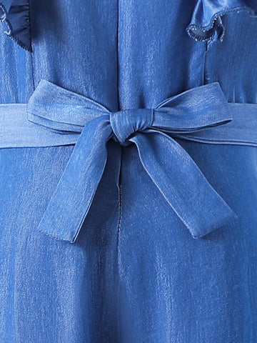 Young Girls Solid Color Jumpsuit With Simple And Delicate Lace Cuff Decoration