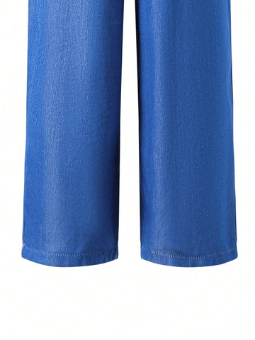 Young Girls Solid Color Jumpsuit With Simple And Delicate Lace Cuff Decoration