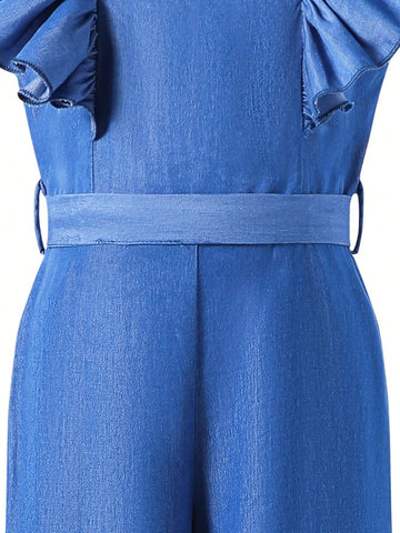 Young Girls Solid Color Jumpsuit With Simple And Delicate Lace Cuff Decoration