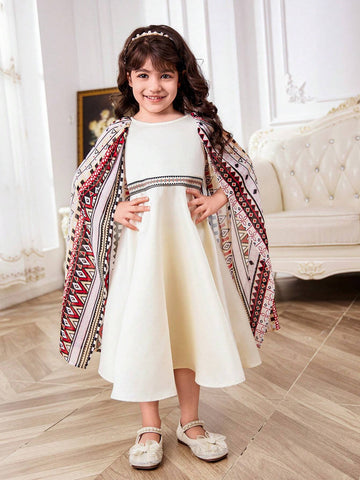 Young Girl's Solid Color Knitted Sweater Dress With Geometric Patterned Round Neck Cape Design