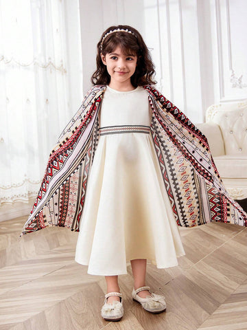 Young Girl's Solid Color Knitted Sweater Dress With Geometric Patterned Round Neck Cape Design