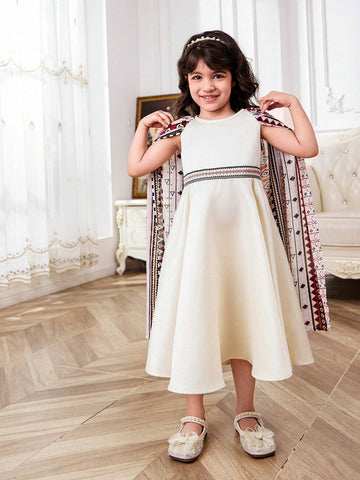Young Girl's Solid Color Knitted Sweater Dress With Geometric Patterned Round Neck Cape Design