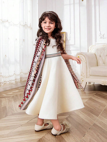 Young Girl's Solid Color Knitted Sweater Dress With Geometric Patterned Round Neck Cape Design