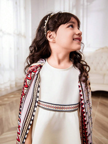Young Girl's Solid Color Knitted Sweater Dress With Geometric Patterned Round Neck Cape Design
