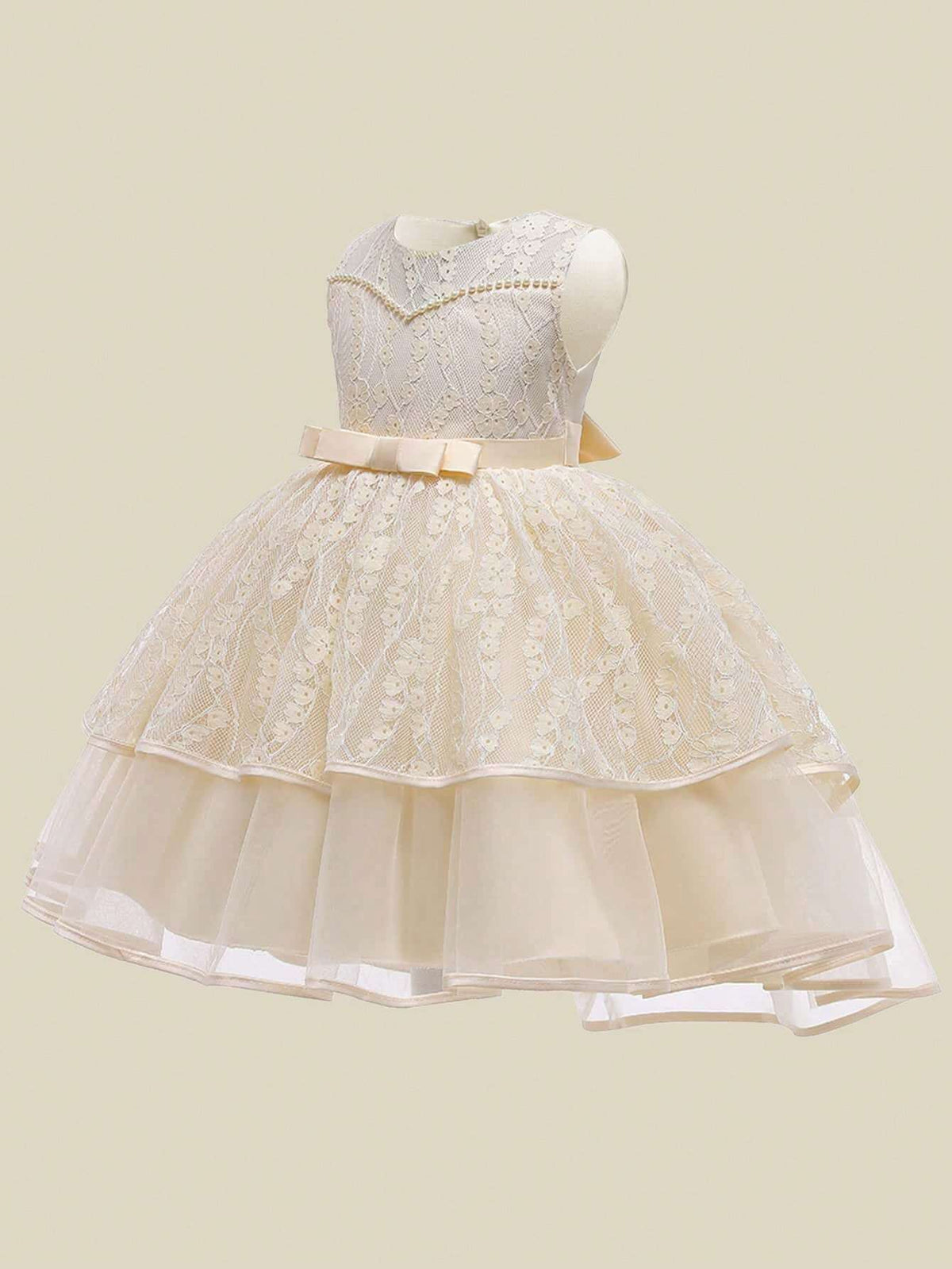 Young Girls Solid Color Lace Faux Pearl Elegant Host Model Catwalk Performance Dress