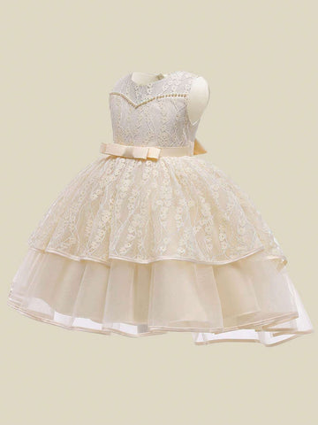 Young Girls Solid Color Lace Faux Pearl Elegant Host Model Catwalk Performance Dress