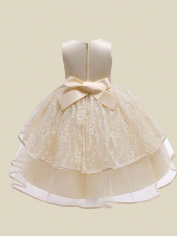 Young Girls Solid Color Lace Faux Pearl Elegant Host Model Catwalk Performance Dress