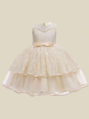 Young Girls Solid Color Lace Faux Pearl Elegant Host Model Catwalk Performance Dress