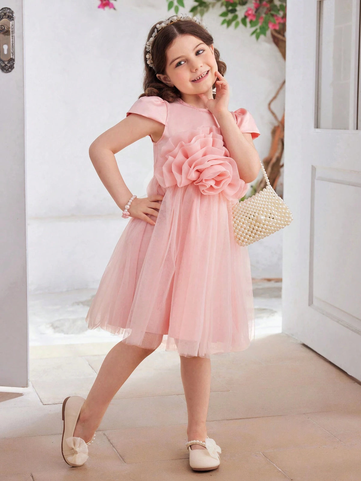 Young Girls' Solid Color Mesh Dress With 3D Flower Decoration