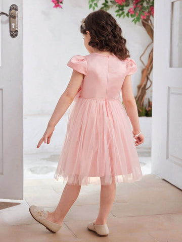 Young Girls' Solid Color Mesh Dress With 3D Flower Decoration