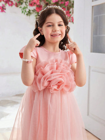 Young Girls' Solid Color Mesh Dress With 3D Flower Decoration