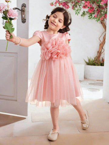 Young Girls' Solid Color Mesh Dress With 3D Flower Decoration