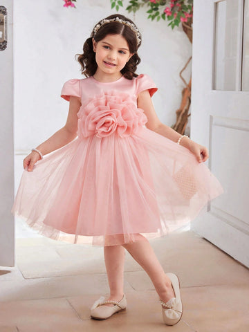 Young Girls' Solid Color Mesh Dress With 3D Flower Decoration