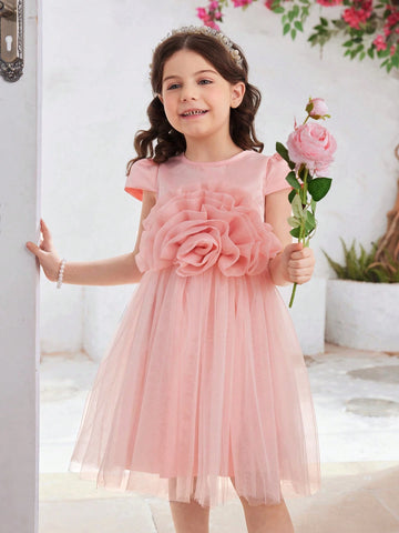 Young Girls' Solid Color Mesh Dress With 3D Flower Decoration
