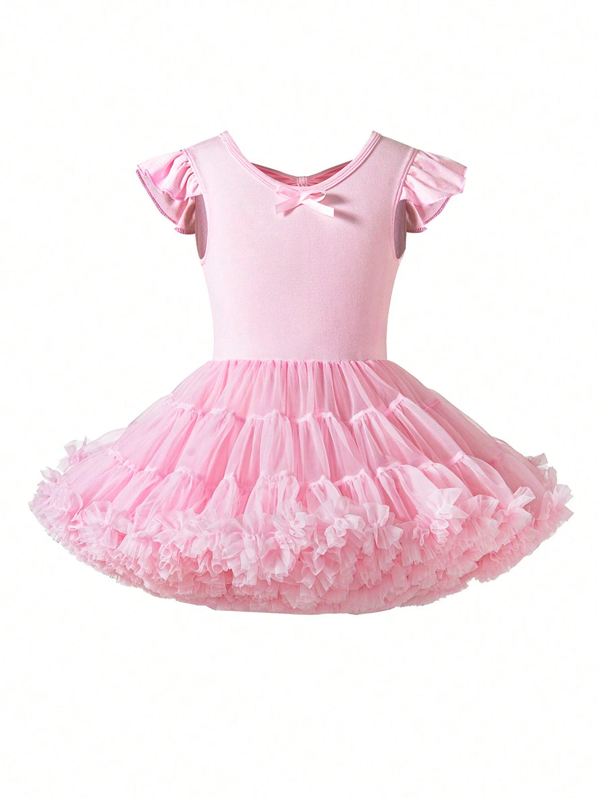 Young Girls' Solid Color Mesh Patchwork Short Flare Sleeve Dress For Summer