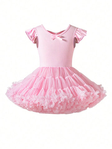 Young Girls' Solid Color Mesh Patchwork Short Flare Sleeve Dress For Summer