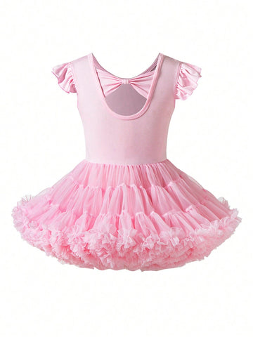 Young Girls' Solid Color Mesh Patchwork Short Flare Sleeve Dress For Summer