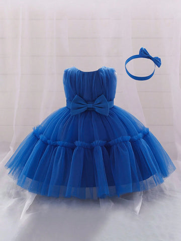 Young Girl's Solid Color Net & Satin Waist Bow Decor Puff Skirt Cute & Elegant Dress