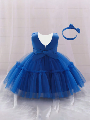 Young Girl's Solid Color Net & Satin Waist Bow Decor Puff Skirt Cute & Elegant Dress
