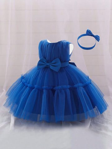 Young Girl's Solid Color Net & Satin Waist Bow Decor Puff Skirt Cute & Elegant Dress
