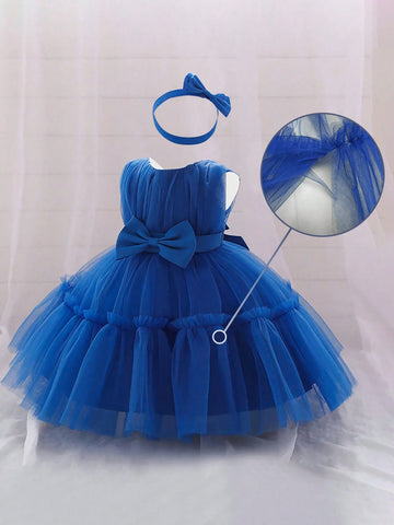 Young Girl's Solid Color Net & Satin Waist Bow Decor Puff Skirt Cute & Elegant Dress