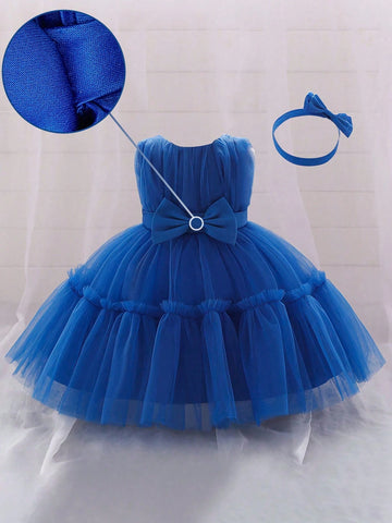 Young Girl's Solid Color Net & Satin Waist Bow Decor Puff Skirt Cute & Elegant Dress