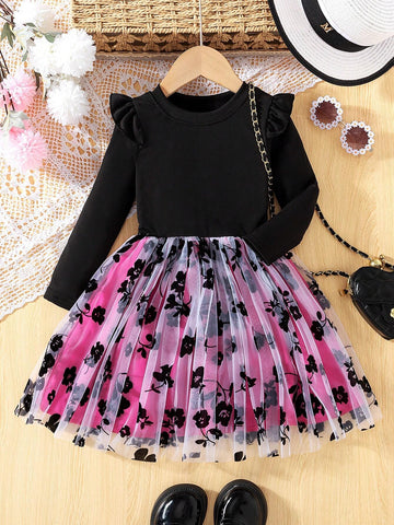 Young Girl's Solid Color Patchwork Casual Lantern Sleeve Mesh Dress