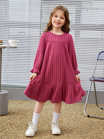 Young Girls Solid Color Round Neck Fitted Casual Knit Dress