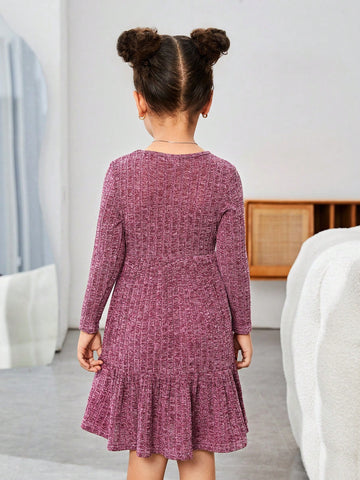 Young Girl's Solid Color Round Neck Fitted Casual Knit Dress