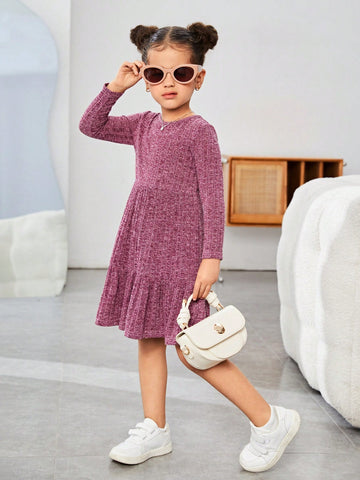Young Girl's Solid Color Round Neck Fitted Casual Knit Dress