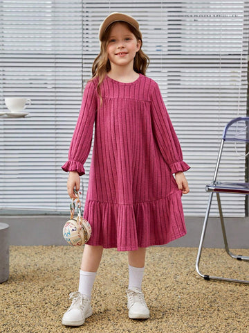 Young Girls Solid Color Round Neck Fitted Casual Knit Dress