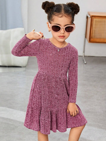 Young Girl's Solid Color Round Neck Fitted Casual Knit Dress