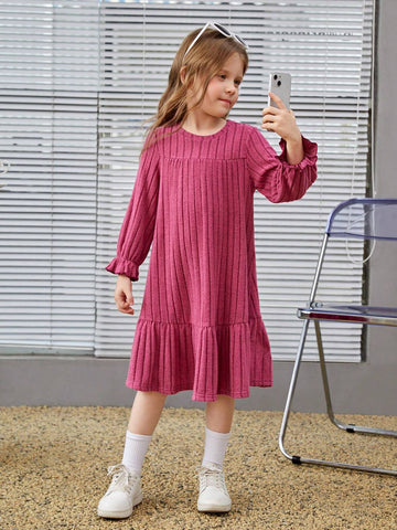 Young Girls Solid Color Round Neck Fitted Casual Knit Dress