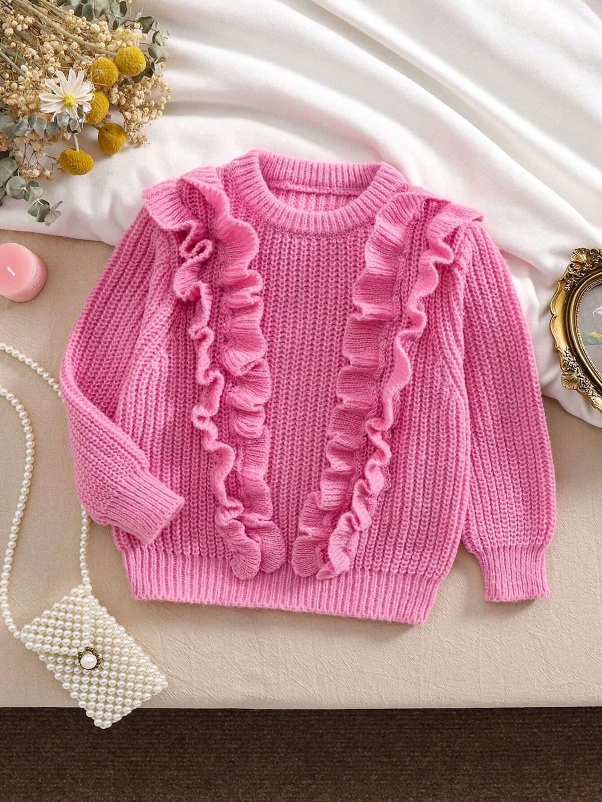 Young Girl's Solid Color Round Neck Long Sleeve Ruffle Trim Sweater, Suitable For School, Outing, Play, Business, Christmas And Other Occasions, Autumn/Winter