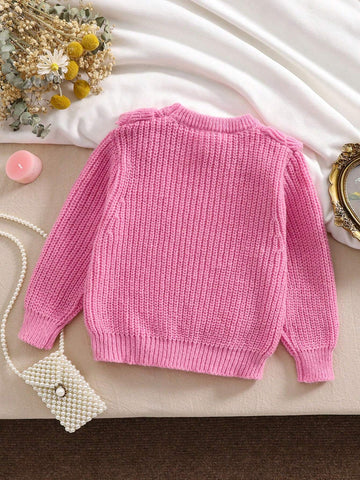 Young Girl's Solid Color Round Neck Long Sleeve Ruffle Trim Sweater, Suitable For School, Outing, Play, Business, Christmas And Other Occasions, Autumn/Winter