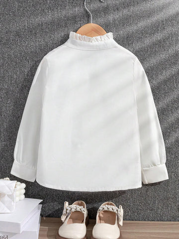 Young Girls Solid Color Ruffle Trim Long Sleeve Blouse