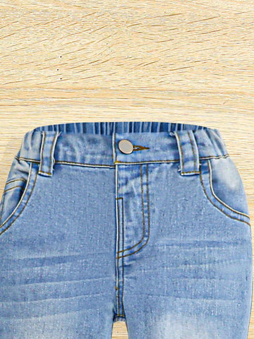 Young Girls' Solid Color Casual Flared Jeans With Pockets