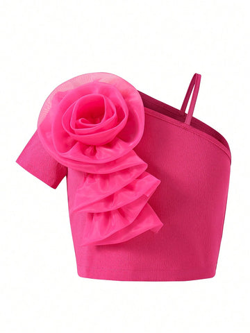 Young Girls Solid Color Simple Style Shirt With Flower Decoration