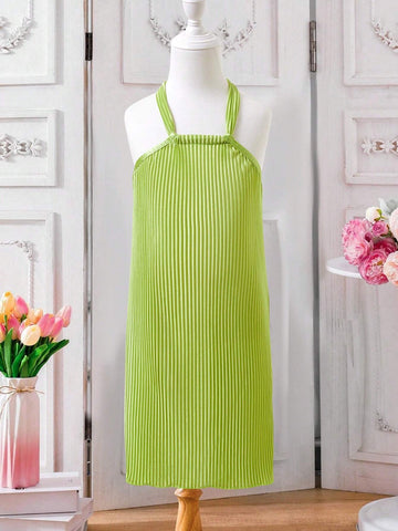 Young Girls Solid Color Sleeveless Halter Neck Casual Summer Dress