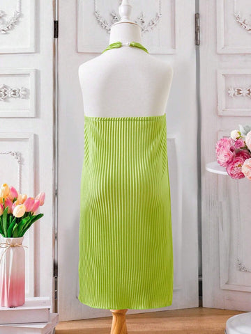Young Girls Solid Color Sleeveless Halter Neck Casual Summer Dress