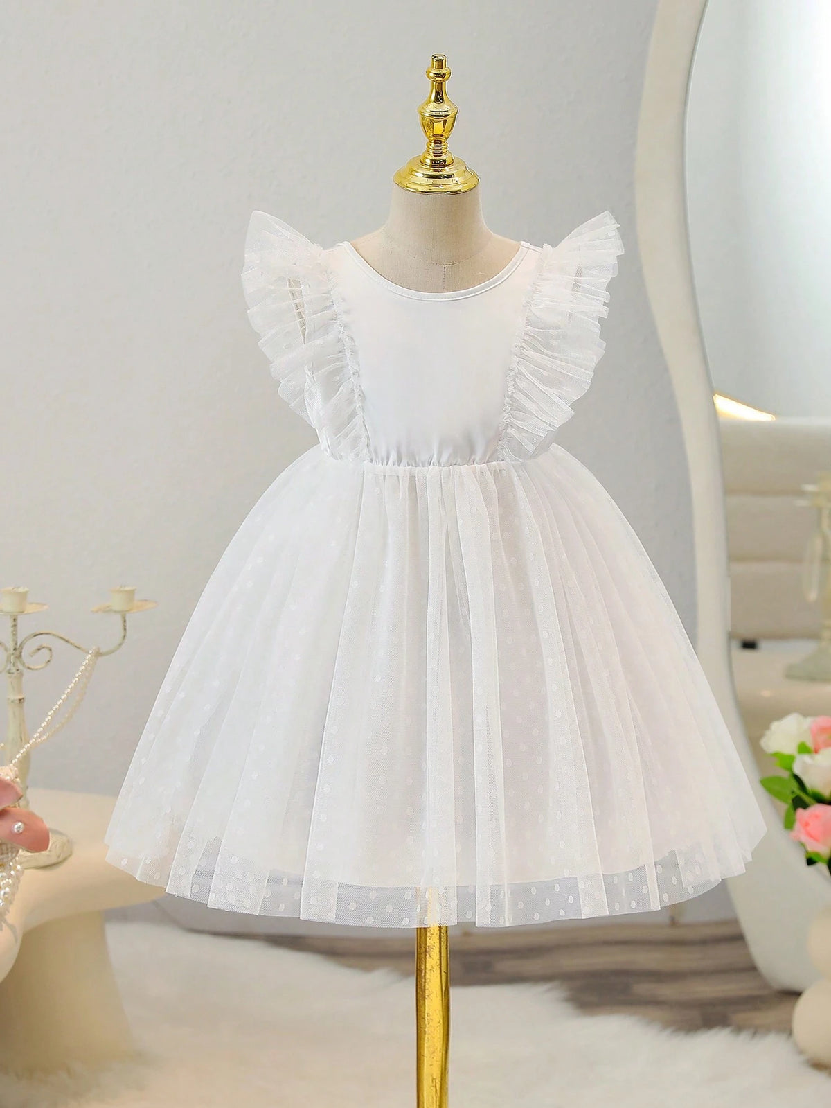 Young Girls Solid Color Sleeveless Mesh Splicing Organza Pleated Lace Hem Summer Dress