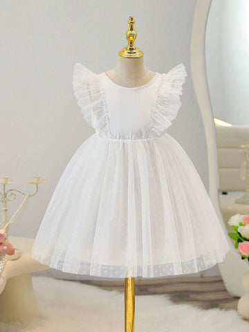 Young Girls Solid Color Sleeveless Mesh Splicing Organza Pleated Lace Hem Summer Dress