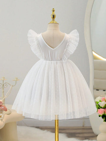 Young Girls Solid Color Sleeveless Mesh Splicing Organza Pleated Lace Hem Summer Dress